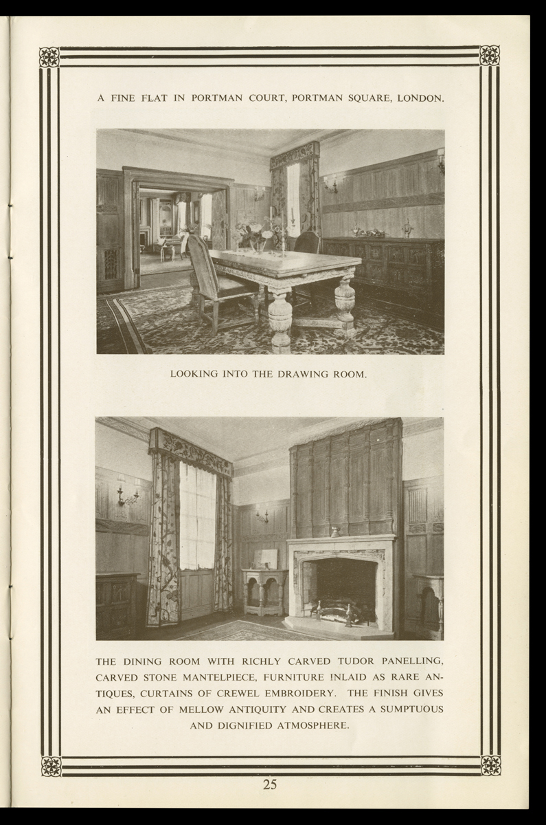 Houghton Studio Catalog, "Houghtons...Design & Manufacture of Decoration, Furniture, Etc.," 1925-1928 / page 25 Page with text and two images of room interiors