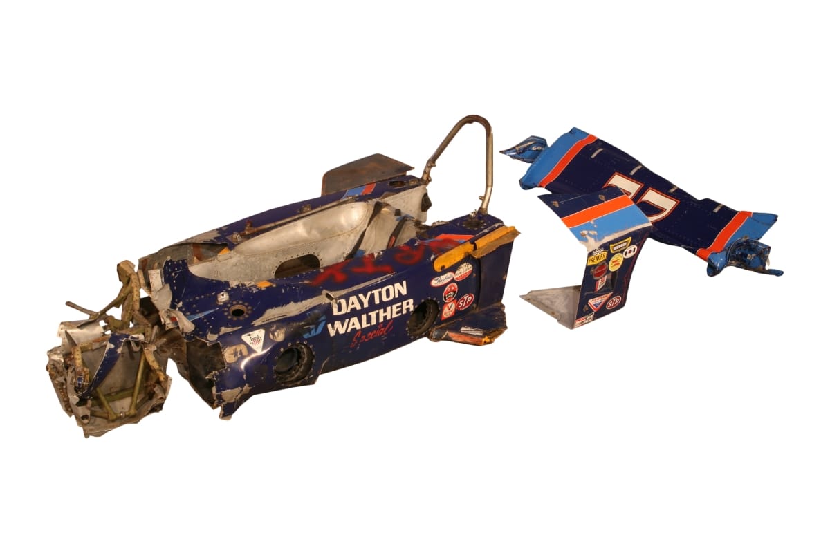 1972 McLaren M16A Race Car, Driven by David "Salt" Walther Mangled body and pieces of a blue race car