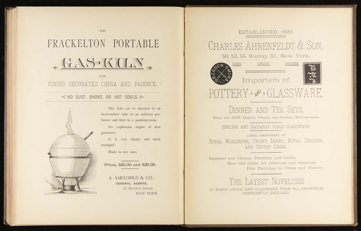 Tried by Fire: A Work on China Painting, 1886 / pages 136 & 137 Book open to two ad pages: one with text and image of kiln and one with text and two logos