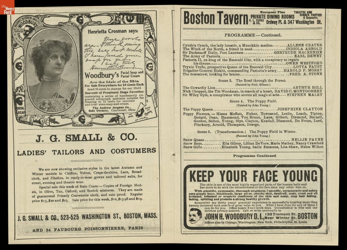 Page seven of the program lists actors Fred A. Stone as the Scarecrow and David C. Montgomery as the Tin Woodman Program with text and ads with text and/or images