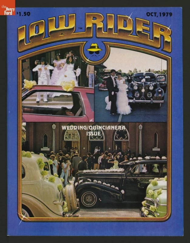 Low Rider Magazine, Wedding/Quinceanera Issue, October 1979 Magazine cover with text and several photos of cars and people in formal dress