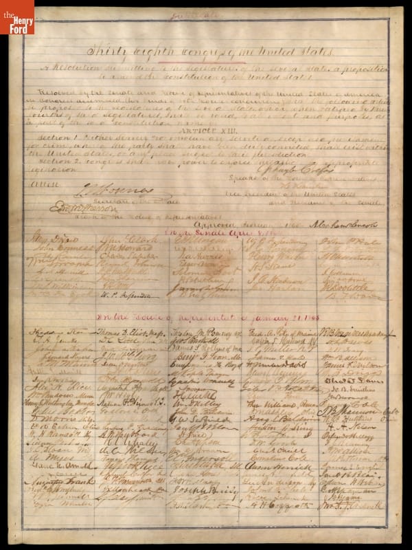 Joint Resolution of the United States Congress, Proposing the 13th Amendment to Abolish Slavery, 1865 Yellowed paper with handwritten text