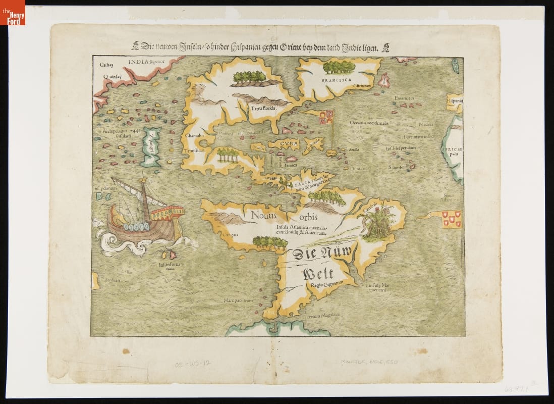 "Die Neuwen Inseln / So hinder Hispanien gegen Orient ven dem land indie ligen," 1550 Map with land masses outlined in different colors, with a large ship in the water