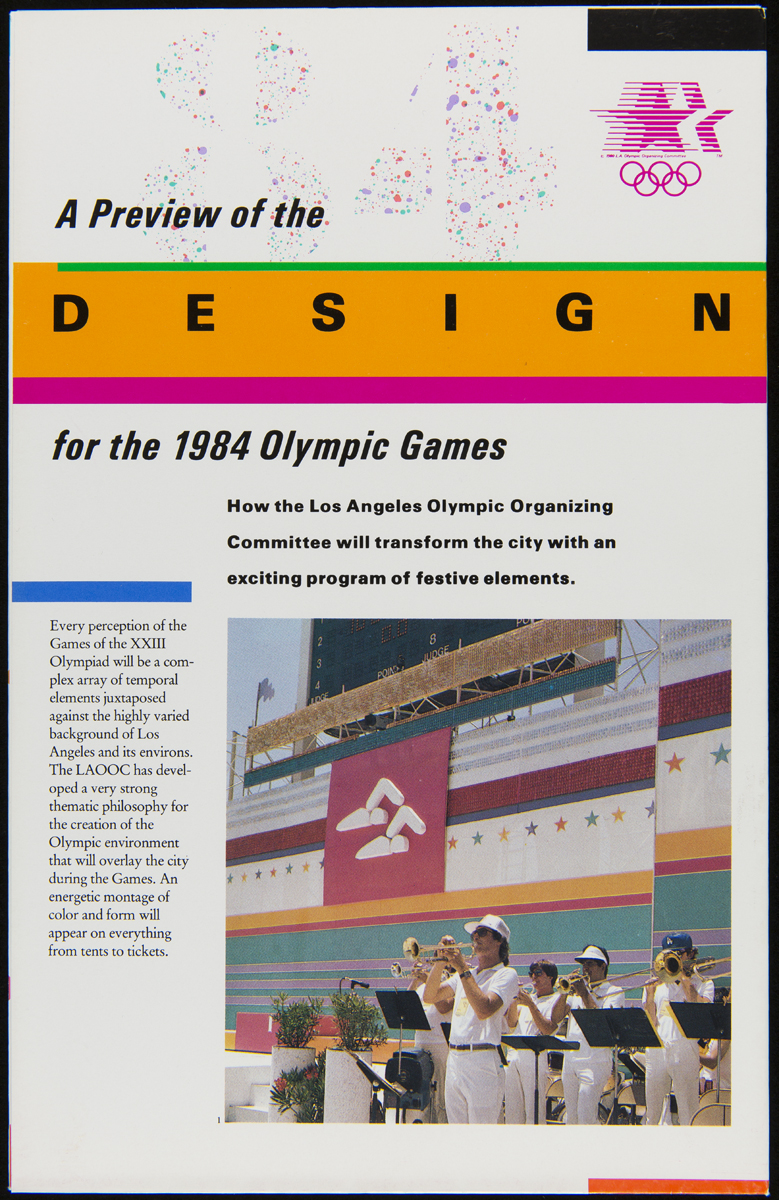 A Preview of the Design for the 1984 Olympic Games, 1983 Page with text, colorful graphics, and photo of people playing instruments in front of a colorful backdrop or grandstand