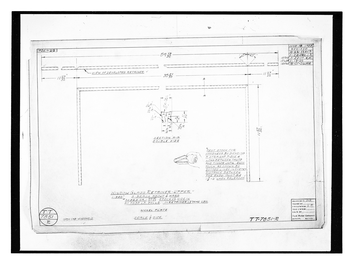 Drawing, "Window Glass Retainer - Upper," Ford Model TT Truck, August 25, 1926 Line drawings, notations and text on light background
