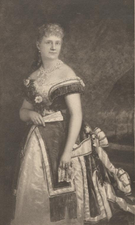 Martha Coston Illustration of standing woman in elaborate dress and jewelry, holding fan