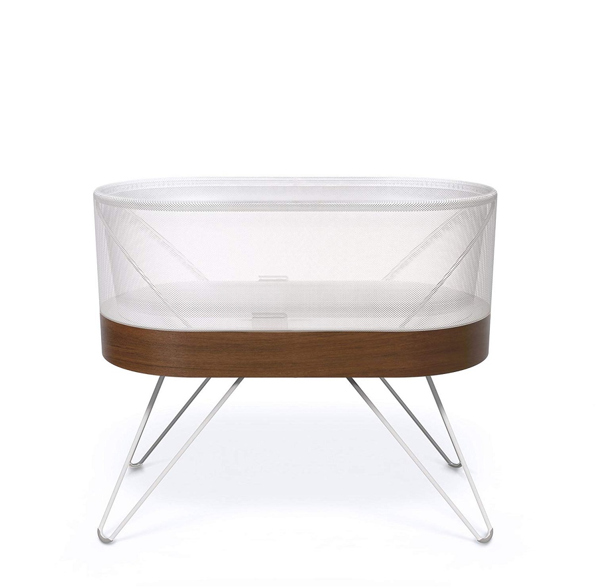 SNOO Bassinet with hairpin metal legs, wooden base, and clear mesh sides