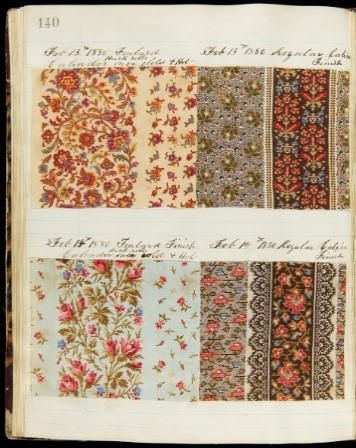 Sample Book for Cocheco Manufacturing Company, January 9, 1880 to April 22, 1880 Sheet containing two rows of rectangular fabric samples in a variety of colors and patterns; also contains handwritten numbers and text