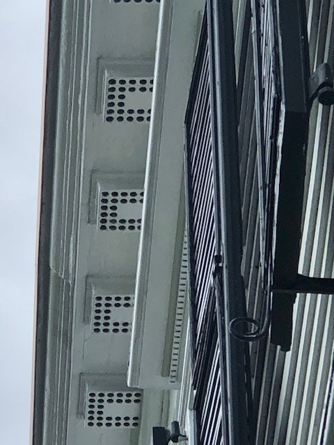 Mutules on the Webster House Architectural elements of white boxes with round holes in a "U" pattern in them
