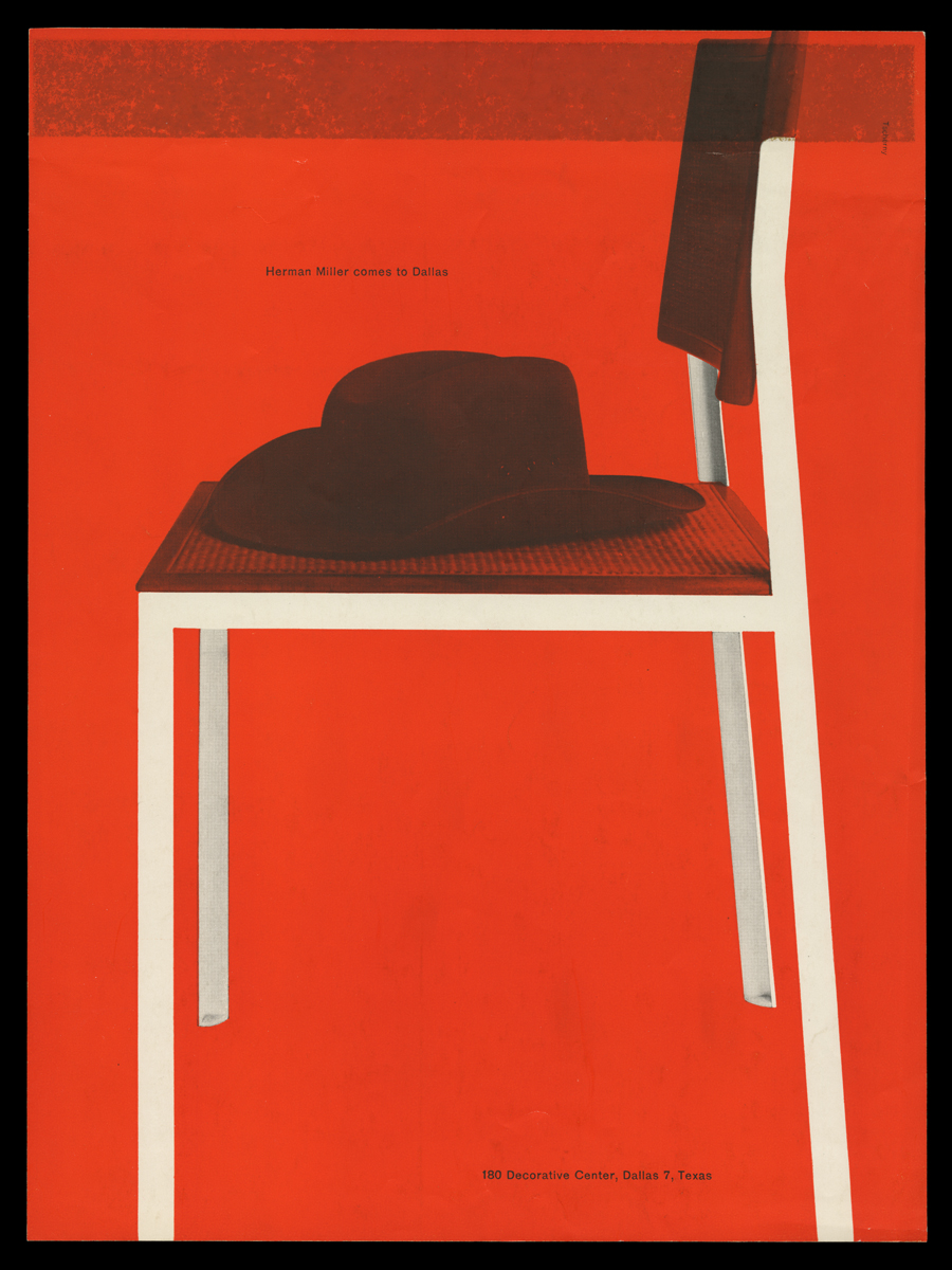 Advertisement, "Herman Miller Comes to Dallas," July 1955 Red page with image of minimalistic chair with cowboy hat sitting on top; also contains text