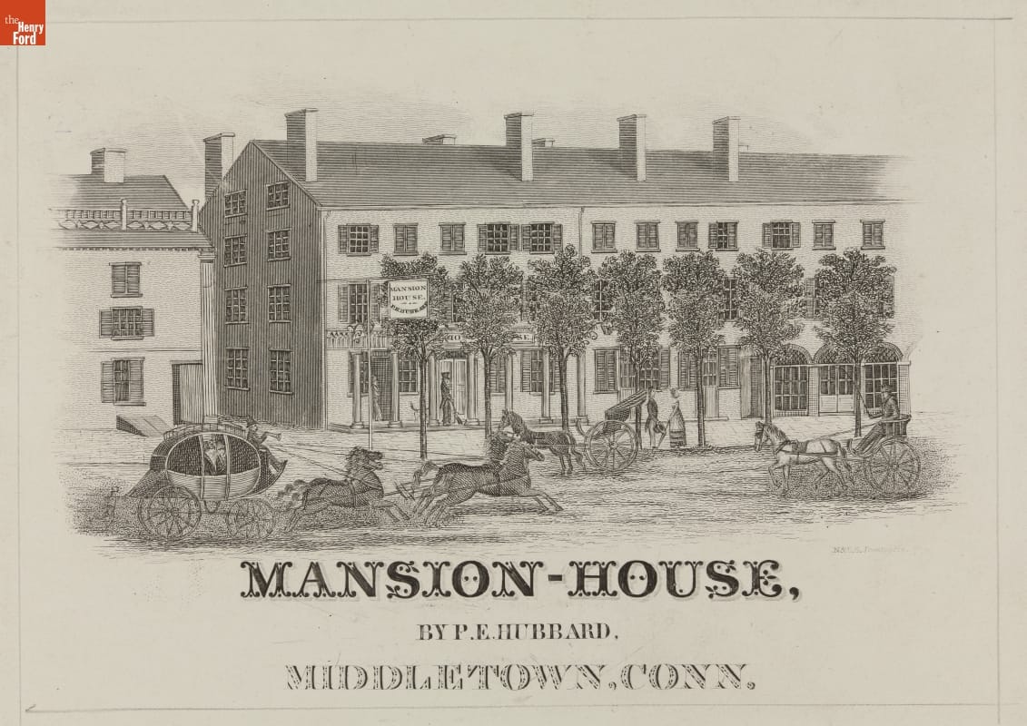 Copperplate Engraving, "Mansion House," 1842-1847 Horses and carriages passing on a road in front of a long, three-story building with a row of trees in front; also contains text