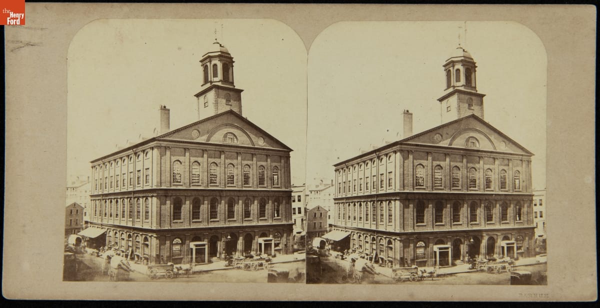 Two duplicate images of a three-story building with tower