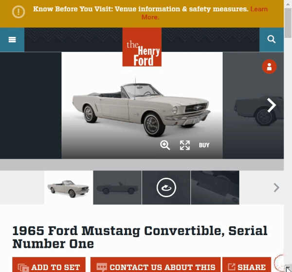 The Henry Ford's Digital Collections Record for Mustang, Serial Number One A GIF scrolling down a webpage with car photo and text