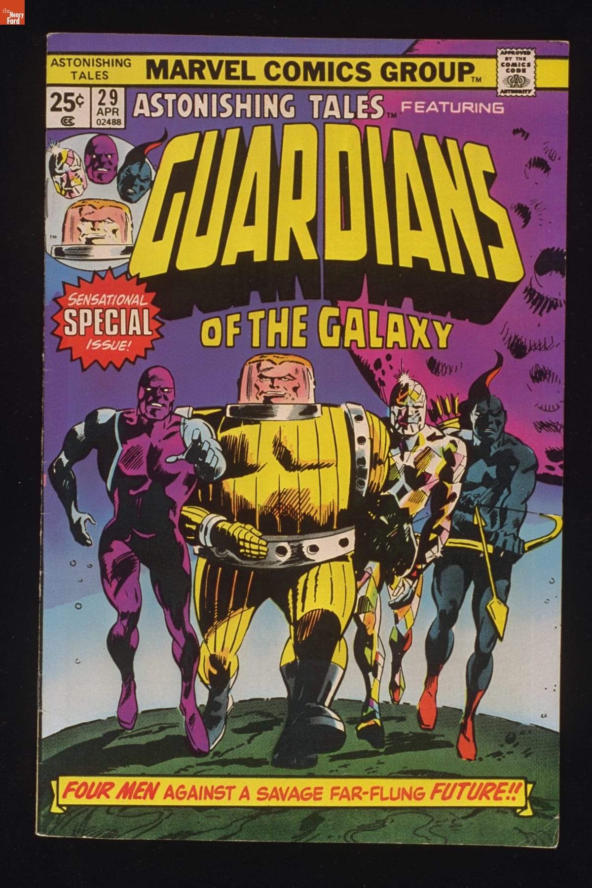 "Astonishing Tales" (Guardians of the Galaxy) Comic Book for April 1975 Four characters walk on grass with a blue sky and large purple asteroid behind them, plus text