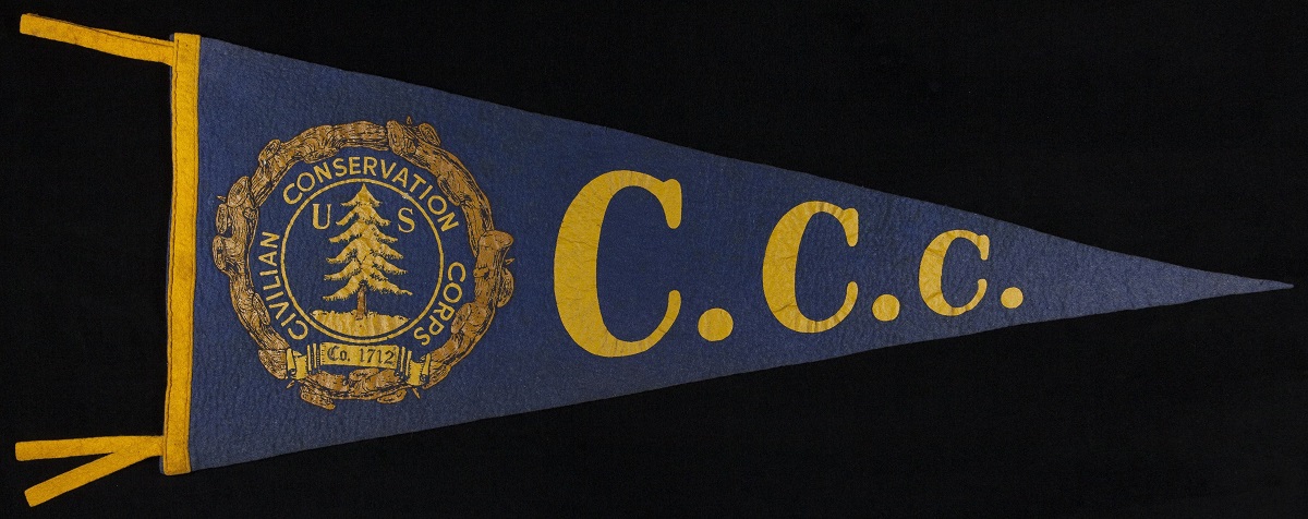 Pennant, "U.S. Civilian Conservation Corps," 1933-1942 Blue pennant with text "C.C.C." and golden seal with text and tree
