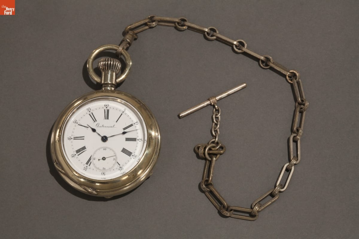 Centennial Pocket Watch, 1878 Silver pocket watch with attached chain