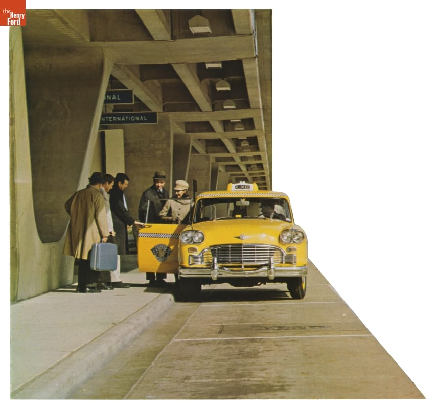 "Checker, The Only Real Taxicab!," 1967 / inside detail People under an elevated overpass or roadway entering yellow taxicab