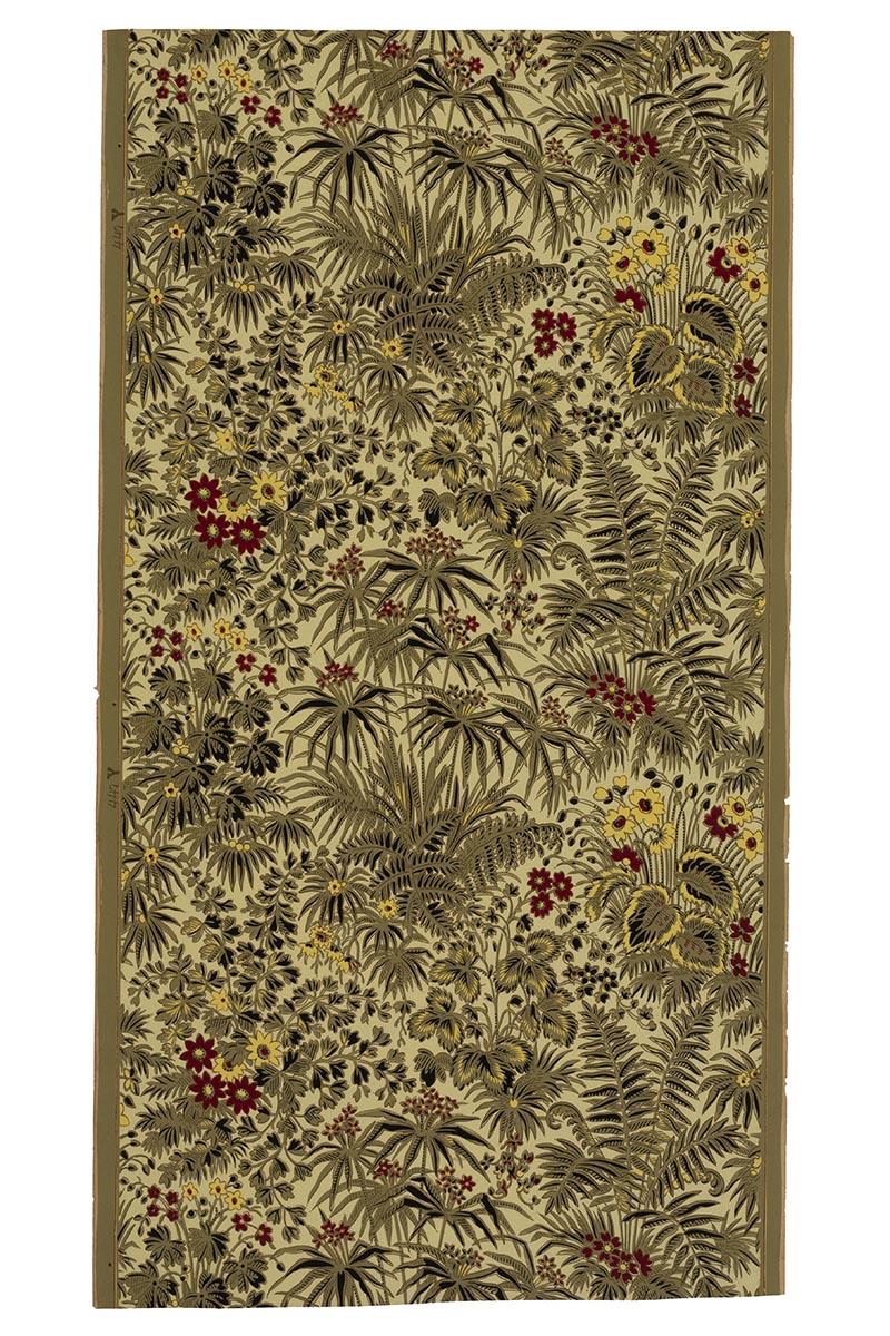 Floral Wallpaper Sample, 1860-1880 Rectangular piece of wallpaper with pattern of green, red, and yellow flowers and foliage on a cream or puce background