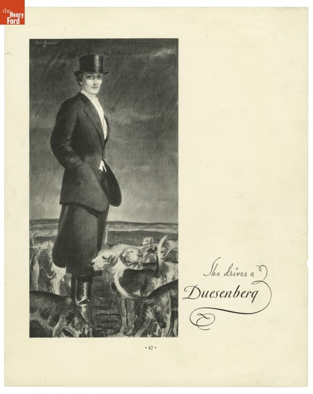 Advertisement, "She Drives a Duesenberg," 1935 Woman in horseriding ensemble among dogs, with text reading "She drives a Duesenberg"
