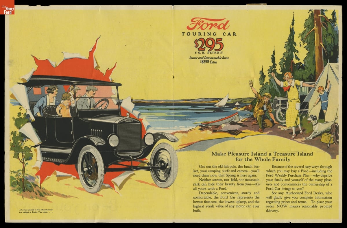 Brochure for the 1924 Ford Model T Car, "Make Pleasure Island a Treasure Island for the Whole Family" Two-page spread with yellow advertisement with text and image of people in car "breaking through" the page, and additional people waving from lakeside campground
