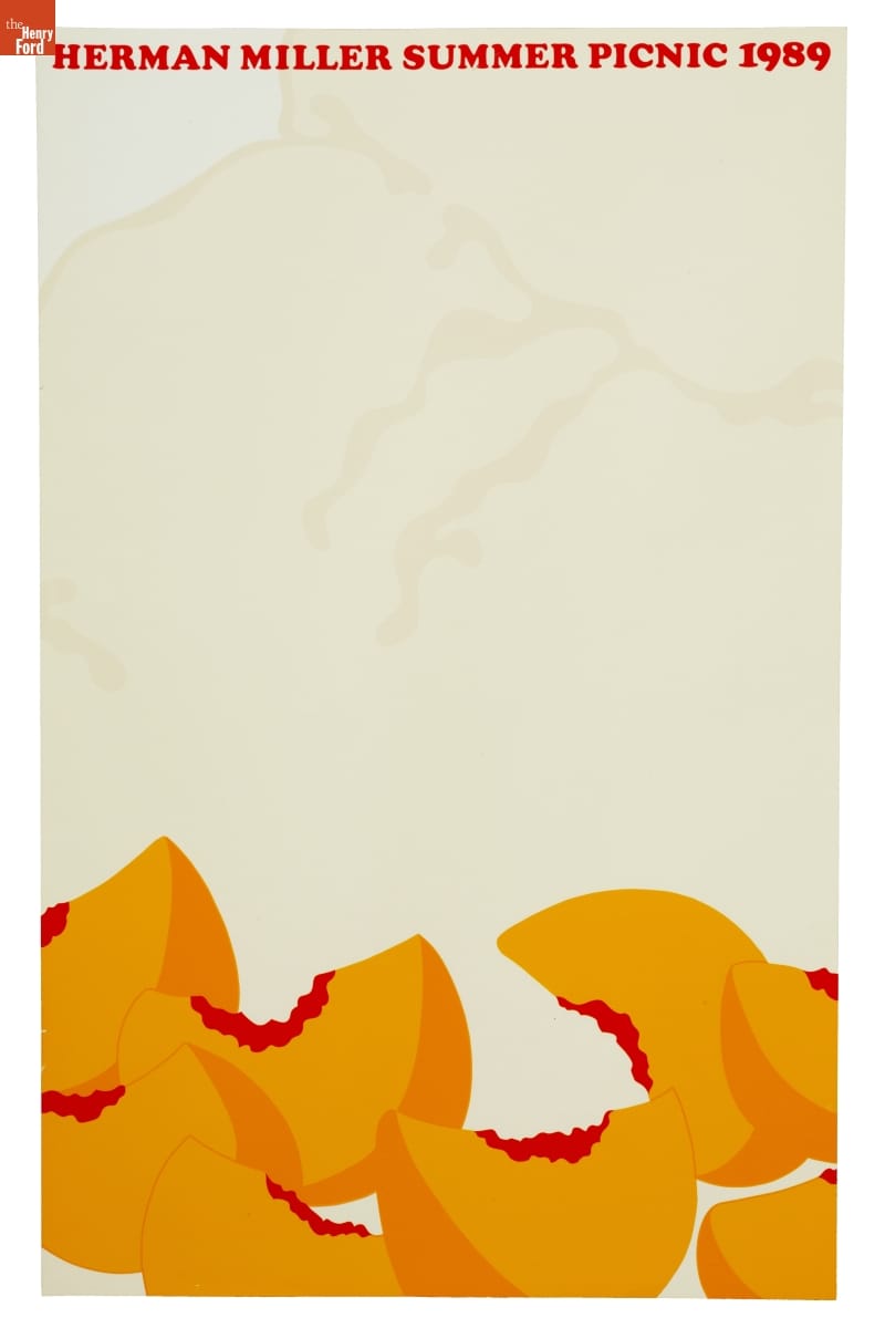 Herman Miller Summer Picnic Poster, "Peach Sundae," 1989 White poster with text at top and stylized peach wedges at bottom