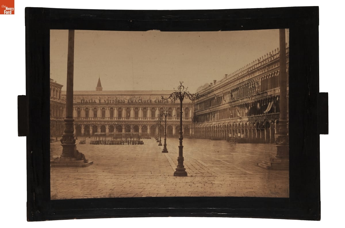 Megalethoscope Slide, "St. Mark's Square," unlit Image of building wrapped around a public square