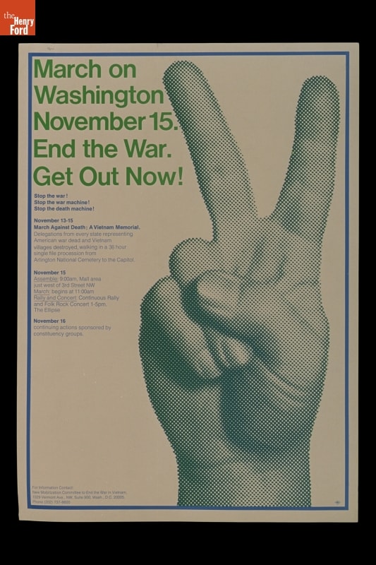 Vietnam War Protest Poster, "March on Washington November 15. End the War. Get Out Now," 1968 Poster with text and hand held up with fingers forming a "V"