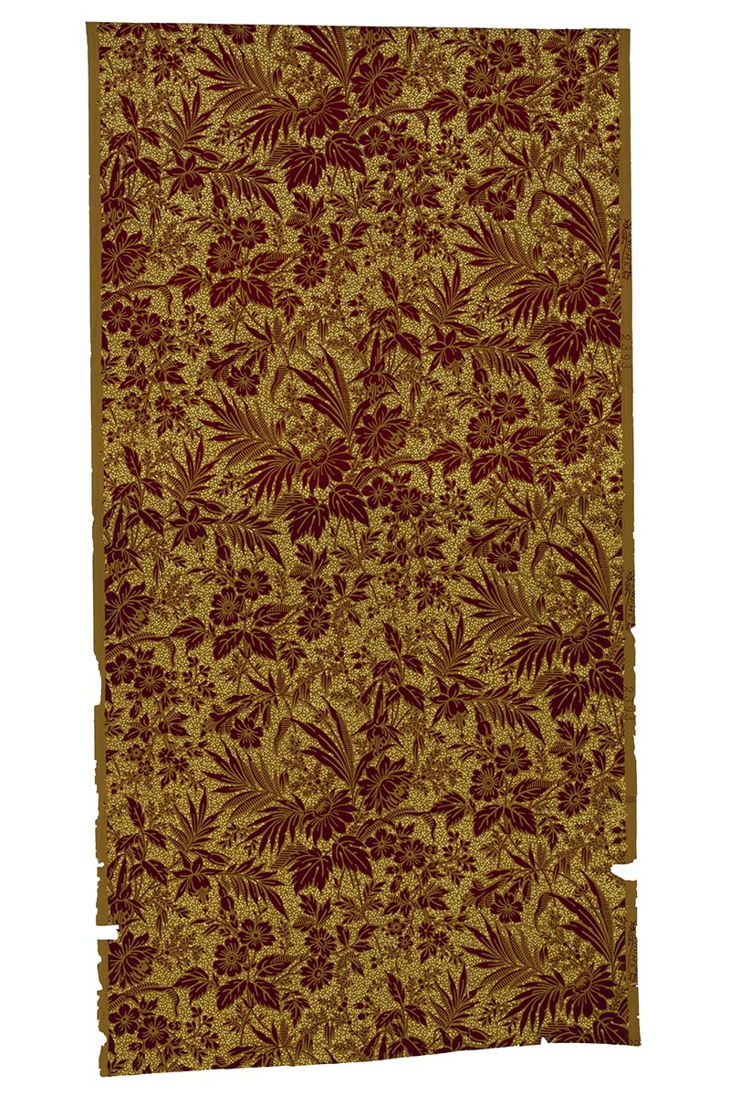Floral Wallpaper Sample, 1860-1880 Rectangle of wallpaper with pattern of maroon foliage and flowers on a gold background