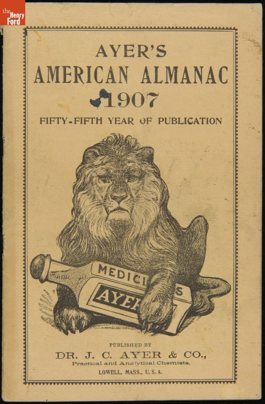 Ayer's American Almanac 1907 Beige page with etching of recumbent lion holding large bottle in its front paws; also contains text