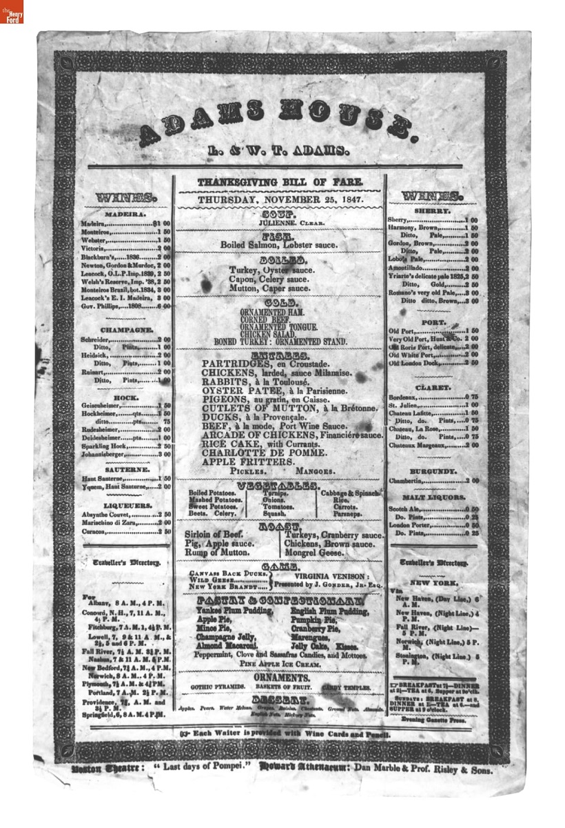 Thanksgiving Menu from the Adams House, Boston, Massachusetts, November 1847 Page with text in multiple columns