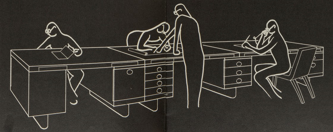 Catalog for Herman Miller Furniture, "EOG-Executive Office Group," 1942 / pages 1 and 2, detail White line drawing on black of stylized human figures working at desks
