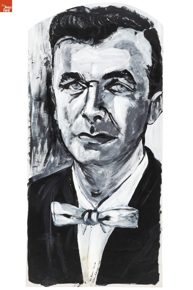 "Leon Harmon" by Lillian F. Schwartz, 1969 Black-and-white drawing of a man in black jacket and wide white bowtie