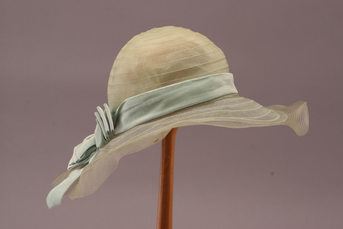 Hat, Worn by Elizabeth Parke Firestone, 1925-1935 Floppy, delicate beige hat with pale blue ribbon