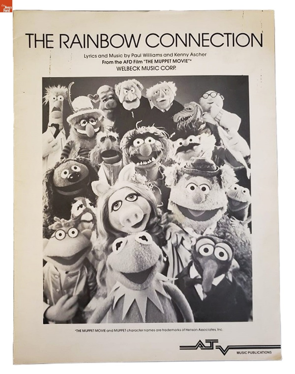"The Rainbow Connection," from "The Muppet Movie," 1979 Page with black-and-white photo of about 18 Muppets; also contains text