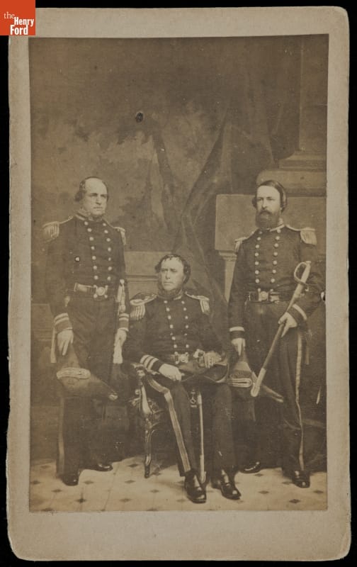 Official Escorts for the Japanese Ambassador's Visit to the United States, 1860 Three men in elaborate uniforms, two standing, one seated