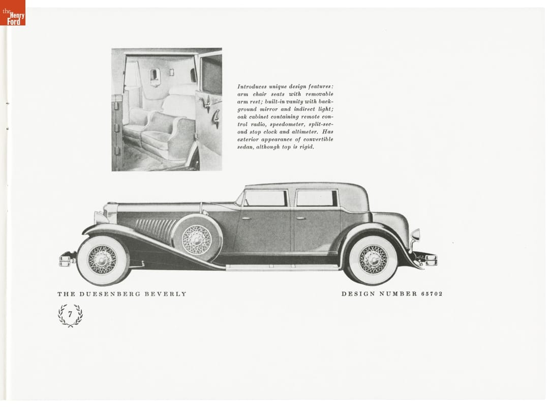 1930 Duesenberg Sales Catalog, "The World's Finest Motor Car" / page 7 Drawing of long car with swooping fenders along with text and inset image of car interior