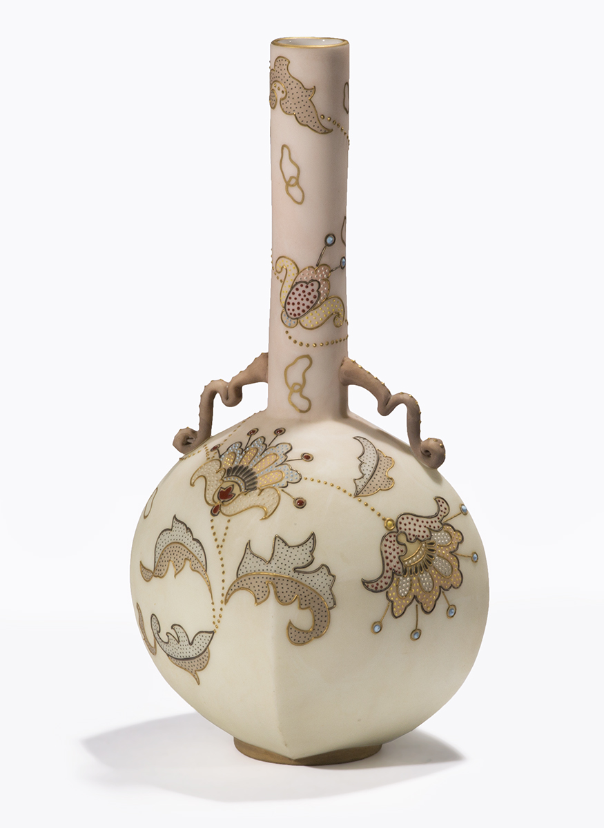 Crown Milano Vase, 1888-1893 Cream-colored vase with tall narrow neck and wide, short body, with stippled floral pattern in neutral shades