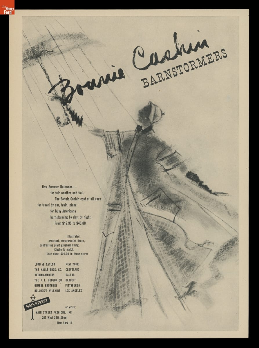 Advertisement for Summer Travel Rainwear, "Bonnie Cashin Barnstormers," 1952 Advertisement with impressionistic black-and-white drawing of a woman in a raincoat holding an umbrella; also contains text