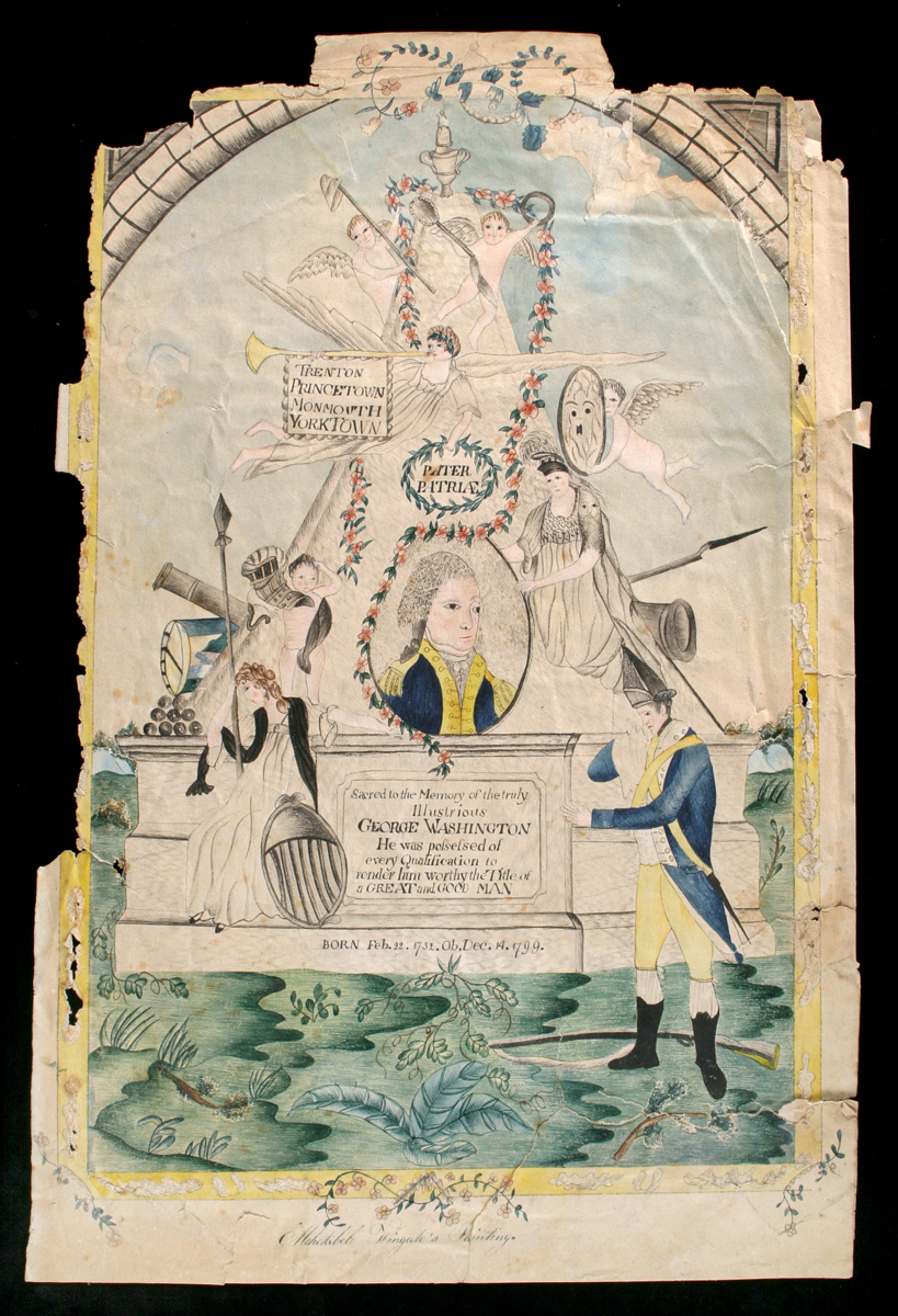Watercolor Painting, Memorial for George Washington, by Mehetabel Wingate,1800-1810 Painting of memorial with image of George Washington in center, angel to one side and soldier weeping in front