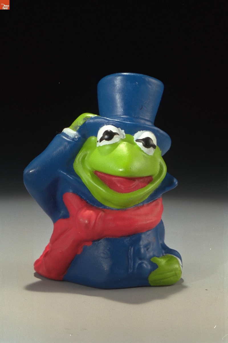 Kermit, Muppet Christmas Carol Kids' Meal Toys, 1993 Frog wearing blue top hat and jacket and red scarf