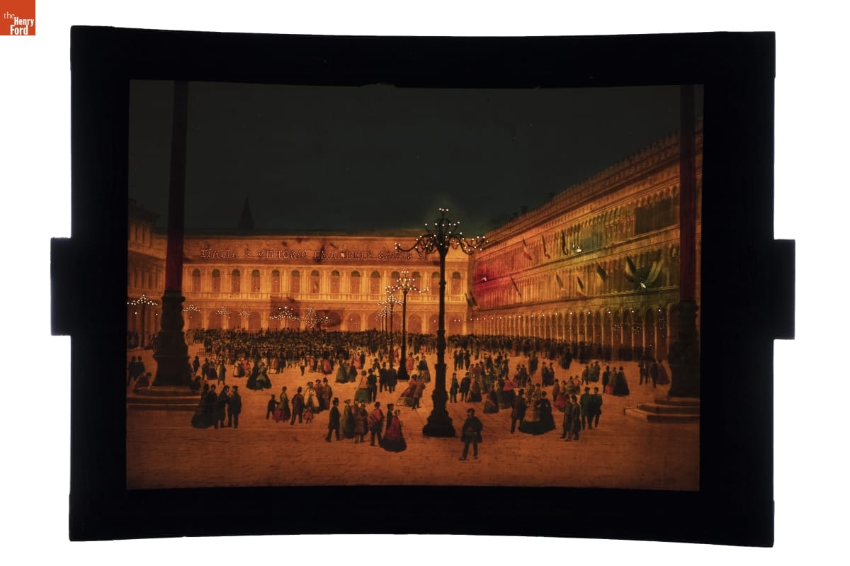Megalethoscope Slide, "St. Mark's Square," lit up Image of building wrapped around a public square filled with people