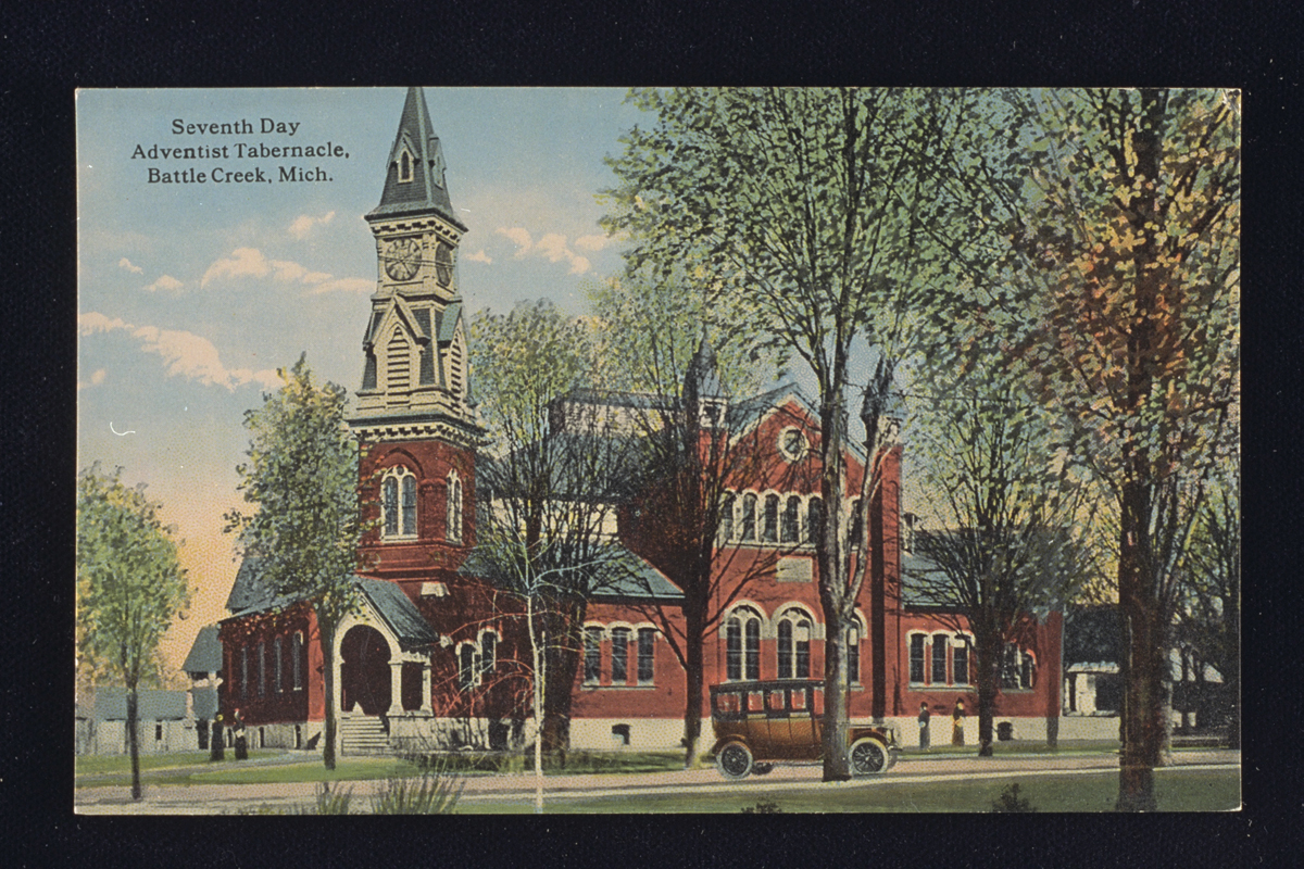 Seventh-day Adventist Tabernacle, Battle Creek, Michigan, circa 1914 Postcard showing Seventh-day Adventist Tabernacle, 1914, a red brick building with a steeple and many arched windows.