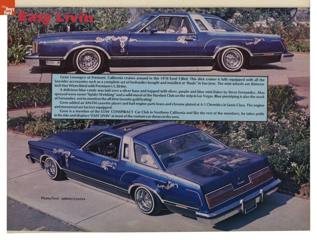 Technical Low Rider Magazine, 1981 / page 55 Page with text and two views of long, blue car with decorative painting on sides and trunk