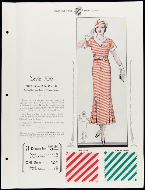 I.V. Sedler Catalog, "The Nation's Stylists Present Sedler Frocks," 1934 Sheet with illustration of woman in hat and striped dress; text; two square swatches of striped fabric