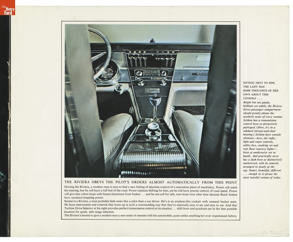 1963 Buick Sales Brochure Partial view of car console and front seats taken from backseat