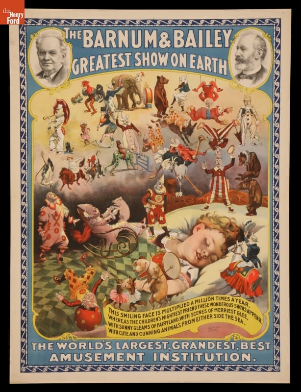 Circus Poster, Barnum & Bailey, A Child Dreaming of a Circus, 1896 Poster with text and image of sleeping child, surrounded by smaller images of circus performers and animals