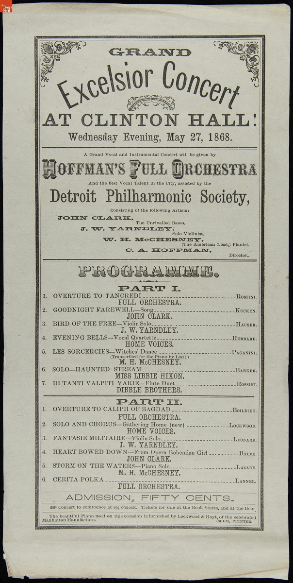 Program, "Grand Excelsior Concert at Clinton Hall," May 27, 1868 Paper concert program containing text