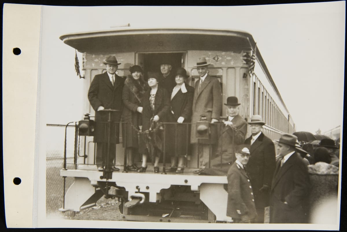 President Herbert Hoover, Lou Henry Hoover, Clara Bryant Ford, Thomas Edison, Mina Edison, and Henry Ford Arrive at Smiths Creek Station, October 21, 1929