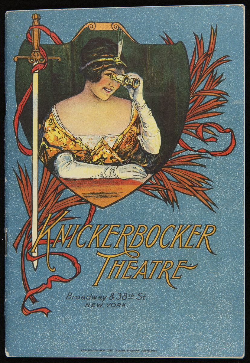 Program for "The Merry Widow" at the Knickerbocker Theatre, New York, New York, September 1921 / front cover Blue program cover with text and shield-shaped image of woman with lorgnette, next to sword and decorative elements