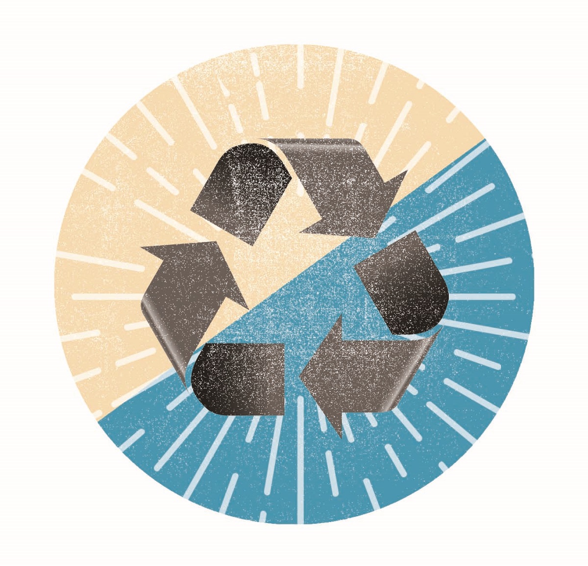 Recycle Image of recycling triangle symbol with graphic circle, half peach and half blue, with white lines behind it